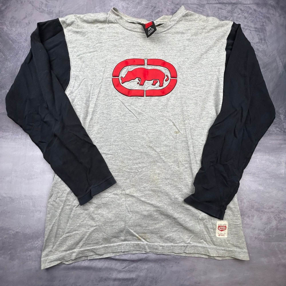 Vintage Ecko Unltd Long Sleeve Raglan Shirt Grey Black Red Rhino Y2K Mens Medium - Picture 2 of 7